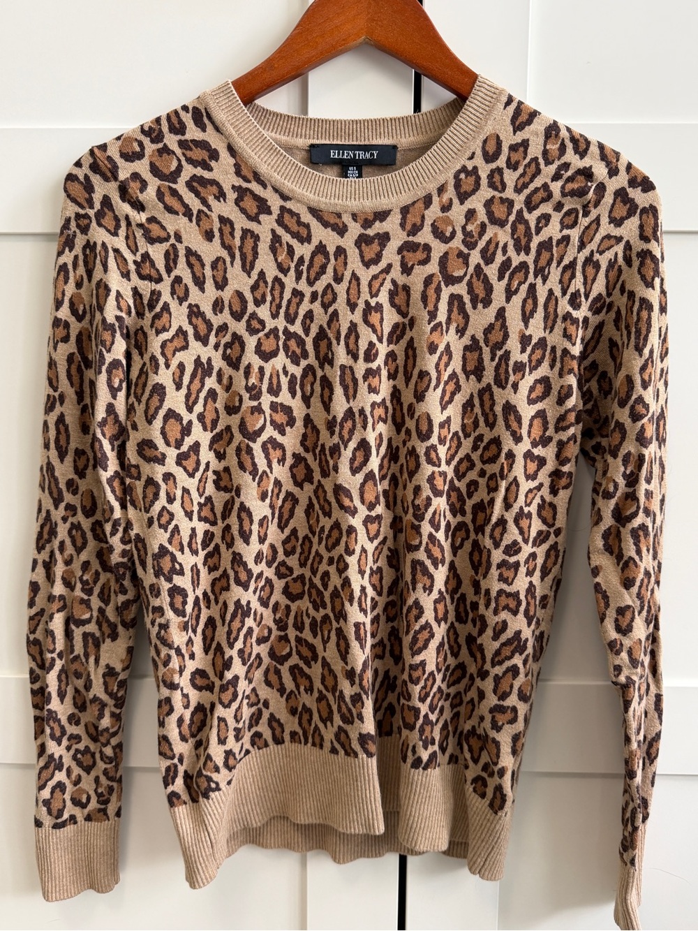 Ellen Tracy Beige and Brown Leopard Print Crewneck Sweater